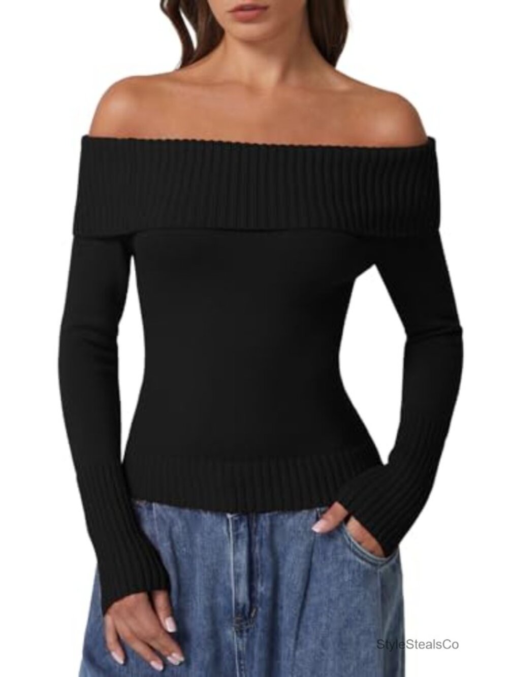 Cotton Off Shoulder Ribbed Knit Sweater Long Sleeve Slim Fit Pullover